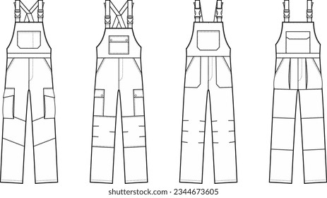 Work jumpsuit flat sketch. Working overall apparel design. Front view. Men CAD mockup. Fashion technical drawing template. Vector illustration.