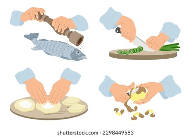 	
Work in the kitchen, clipart set. Hands peel potatoes, cut onions, cook fish, make pies. Food illustration, vector.	
