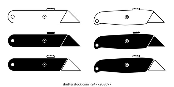 Cuchillos de trabajo. Cuchillo cortador de dibujos animados. cuchilla o cuchillo retráctil. Cortador de papel o cartón. Trabajo, herramientas escolares. Concepto de cuchillas retráctiles.