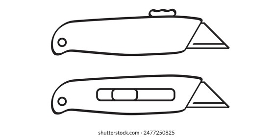 Work knives. Cartoon cutter knife. retractable blade or knife. Paper or cardboard cutter. Work, school tools. Retractable blades concept. Utility knife or jackknife.