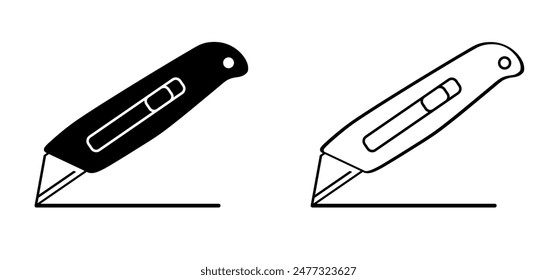 Work knives. Cartoon cutter knife. retractable blade or knife. Paper or cardboard cutter. Work, school tools. Retractable blades concept. Utility knife or jackknife. Line pattern.