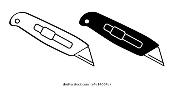 Cuchillos de trabajo. Cuchillo cortador de dibujos animados. cuchilla o cuchillo retráctil. Cortador de papel o cartón. Trabajo, herramientas escolares. Concepto de cuchillas retráctiles. Cuchillo o navaja.