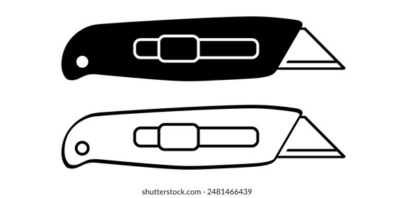 Work knives. Cartoon cutter knife. retractable blade or knife. Paper or cardboard cutter. Work, school tools. Retractable blades concept. Utility knife or jackknife. Spare blade for cutter.