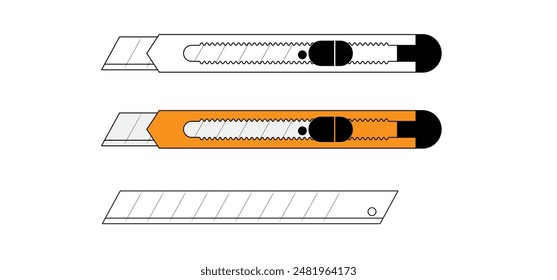 Cuchillos de trabajo. Cuchillo cortador de dibujos animados. cuchilla o cuchillo retráctil. Cortador de papel o cartón. Trabajo, herramientas escolares. Concepto de cuchillas retráctiles. Cuchillo o navaja. Hoja de repuesto para el cortador.