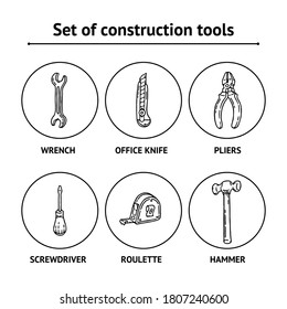 Juego de herramientas de construcción en blanco y negro dibujado a mano por el trabajo y el laborista con destornillador, cuchillo de oficina, spanner, martillo, cinta métrica y alicates