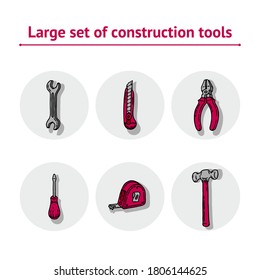 Work and Labor hand drawn red and gray set of construction tools with screwdriver, office knife, spanner, hammer, tape measure and pliers