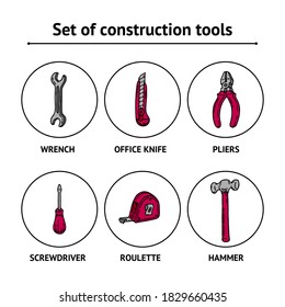 Work and Labor hand drawn red and gray set of construction tools with screwdriver, office knife, spanner, hammer, tape measure and pliers