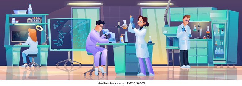 Work of laboratory technicians, scientific medical research works in modern lab, room interior with furniture and scientists. Vector research assistants working at computer, conducting experiments svg