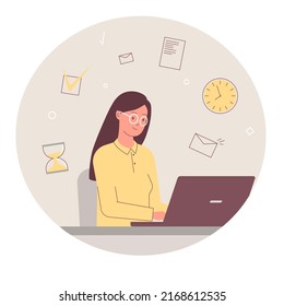 Work laptop. Woman working  computer. Remote. Vector flat illustration