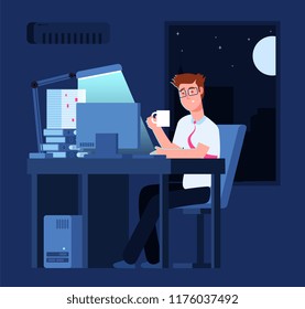 Work Late Concept. Man At Night In Office With Pile Of Paper And Laptop. Business Vector Background. Illustration Of Business Man In Office