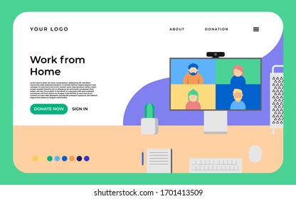 Work and learn from home, conference call, remote work landing page, banner