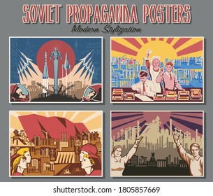 Work and Learn, Industrial and Scientific Propaganda Posters, Retro Soviet Placards Stylization 