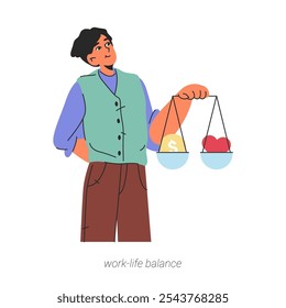 Equilibrio entre vida laboral y personal, capacidad para crear y organizar tareas laborales y tiempo personal. Vector aislado personaje de dibujos animados planos con escalas, dinero y comparación de corazón. Rasgos de carácter de los empleados