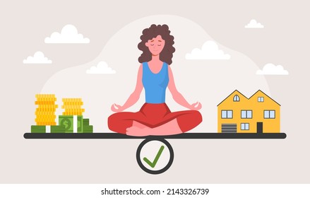 Work Life Balance Abstract Concept. Young Woman Sitting In Lotus Position, Meditating And Looking For Compromise Between Household And Career. Mental Health. Cartoon Flat Vector Illustration