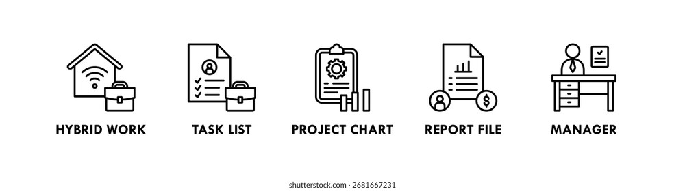 Concepto de Ilustración vectorial de icono de Web de equilibrio de vida laboral con icono de trabajo híbrido, lista de tareas, Anuncio de proyecto, archivo de informe y gerente