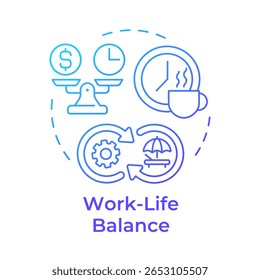 Ícone de conceito de gradiente azul do equilíbrio da vida útil do trabalho. Saúde, saúde mental. Produtividade do funcionário. Ilustração de linha de forma redonda. Ideia abstrata. Design gráfico. Fácil de usar no artigo, post no blog