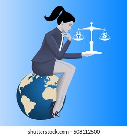Work life balance business concept. Pensive business woman in business suit sitting on the globe and holding scales with family symbol on left plate and dollar symbol on right plate.