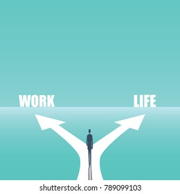 Work life balance business concept vector illustration. Businessman walking and making decision between career and his life, family, free time. Eps10 vector illustration.