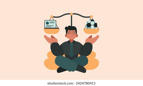 Work Life Balance, Geschäftsmann Balancing Work and Play Flat Vector Illustration