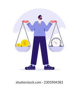 Equilibrio de vida laboral, el empresario mantiene una balanza en las manos, encuentra un equilibrio perfecto entre dinero y tiempo. El hombre empleado tiene un trabajo y una vida equilibrados. Ilustración del vector