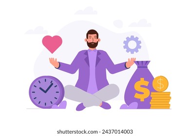 Work life balance, Businessman Meditation concept. Flat Vector illustrations set for banner, website, landing page, flyer.
