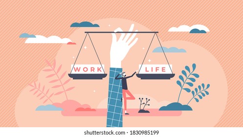 Work life balance as career or family relationship scales tiny person concept. Choose between passion, love versus job, money and professional management vector illustration. Comparison of time spent.