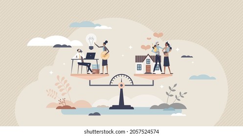 Work Life Balance As Career Or Family Relationship Scales Tiny Person Concept. Choose Time Between Passion, Love Vs Job, Money And Professional Management Vector Illustration. Comparison Of Choices.