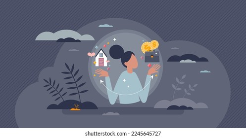 Work and life balance with career and family comparison tiny person concept. Time management with financial, professional job tasks or romantic relationship with house and kids vector illustration.