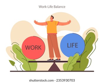 Work life balance. Career and personal life' equality. Modern lifestyle, healthy boundaries between job and self for body and mind harmony. Flat vector illustration