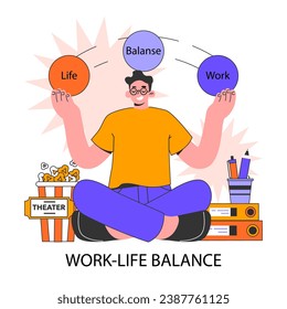 Work life balance. Career and personal life' equality. Modern lifestyle, healthy boundaries between job and self for body and mind harmony. Flat vector illustration