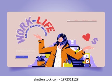 Work and life balance cartoon landing page, businesswoman sitting at workplace solve dilemma choosing between career or family, difficult solution, home or office choice, Vector line art web banner