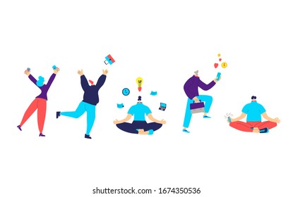 Work Life Balance Characters Group. Persons With Job Symbols Isolated On White Background. Millenials Worklife. Female And Male People With Business Elements. Vector Flat Illustration.