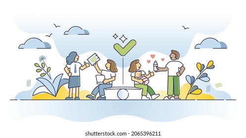 Work life balance as choice between career and family side outline concept. Business and children decision as time management and priority planning vector illustration. House vs company lifestyle.