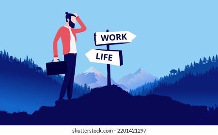 Work life balance choices - Man trying to choose between his job and free time. Vector illustration