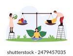 Work and life balance comparison. Tiny people weigh heart with free lifestyle and success of professional career in office on scales, choice of relationship vs money cartoon vector illustration