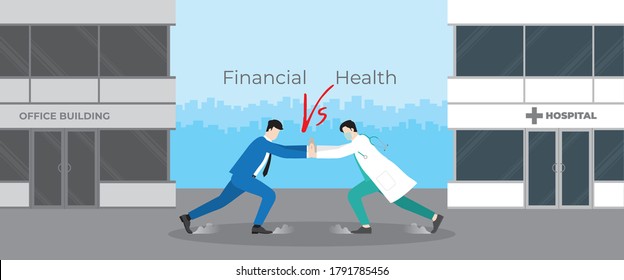 Work Life Balance Concept. Businessman Fight Versus The Doctor In Action Scene Office Building And Hospital Background. Lifestyle Direction To Choose Between Financial Or Health. 