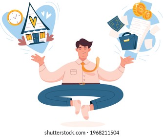 Work Life Balance Concept. Businessman Meditates, Keep Harmony Or Wellbeing. Flat Man Choose Between Leisure And Business, Family And Money, Job And House, Finance Stability, Career And Relax, Healthy