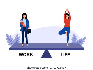 Concepto de equilibrio de vida laboral. Mujer de negocios y yoga a escala en diseño plano.