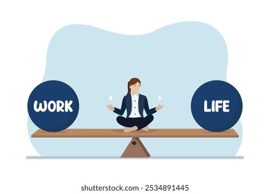 Work life balance concept, businesswoman meditating on the balance seesaw between work and life. Business vector illustration.