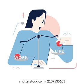 Work Life Balance Concept. Career And Personal Life On A Scales. Equilibrium Between Rest And Job. Abstract Comparison Of Time Spent. Flat Vector Illustration