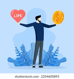 Concepto de equilibrio de vida laboral, elección entre pasar tiempo con la familia y el yo o trabajar duro para ganar dinero, hombre de negocios con una gran moneda con verbos en forma de corazón y vida al otro lado.