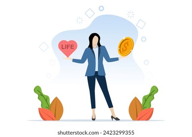 Work life balance concept, choosing between spending time with family and yourself or working hard to earn money, businessman with a big coin with a heart shaped verb and life on the other side.