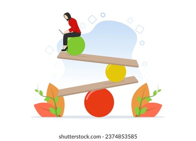 work life balance concept, equality or weight between working for money and life happiness, health, success and healthy lifestyle, woman working with computer laptop while balancing balance.