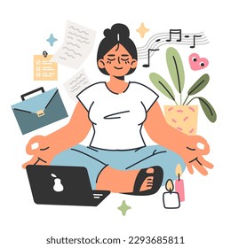 Concepto de equilibrio de vida laboral. Carácter femenino en posición de loto. Estilo de vida moderno, límites saludables entre trabajo y yo para la armonía corporal y mental. Ilustración vectorial plana