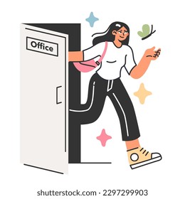 Work life balance concept. Female character finishing her office job. Modern lifestyle, healthy boundaries between job and self for body and mind harmony. Flat vector illustration