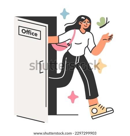 Work life balance concept. Female character finishing her office job. Modern lifestyle, healthy boundaries between job and self for body and mind harmony. Flat vector illustration