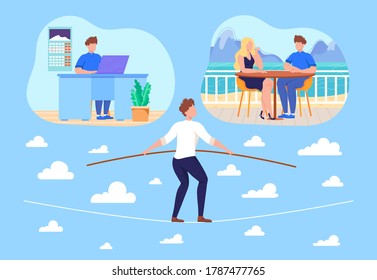 Work Life Balance Concept Flat Vector Illustration. Cartoon Businessman Balancing On Rope Between Life Choices, Dating With Girl, Working Late In Office, Worklife Balance Problem Isolated On White