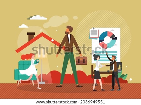 Work and life balance concept flat vector illustration. Businessman reconciling his office work and family successfully.