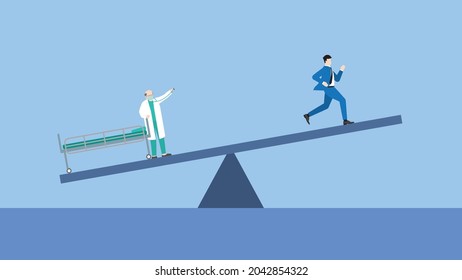 Work Life Balance Concept. Work And Health Unbalance Of Businessman Run Away From Doctor And Hospital's Bed On An Imbalanced Seesaw. Business Lifestyle Between Health Care And Work Hard For Financial.