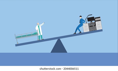 Work Life Balance Concept. Work And Health Unbalance On A Seesaw. Businessman Pushes His Working Desk From The Doctor And Hospital Bed. Imbalanced Business Lifestyle Between Health Care And Work Hard.